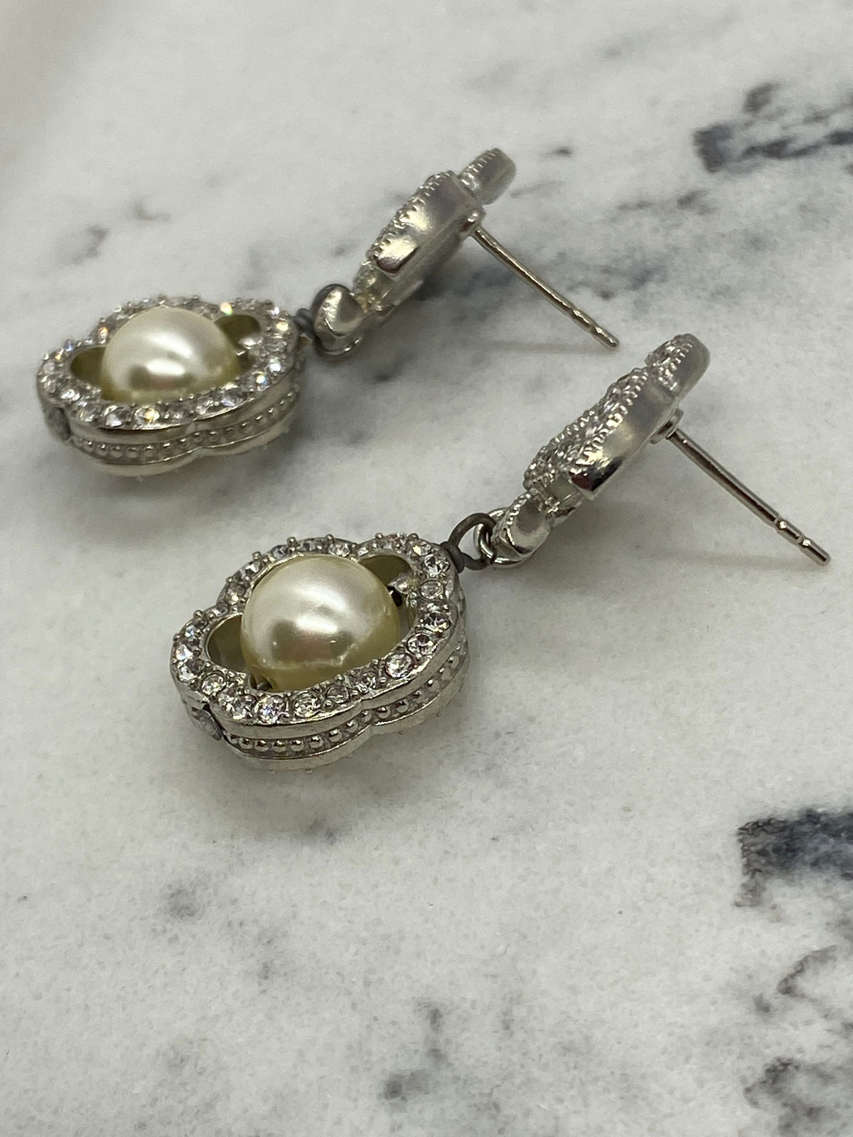 CHANEL CC Silver Tone Pearl Pendant Earrings - USED
