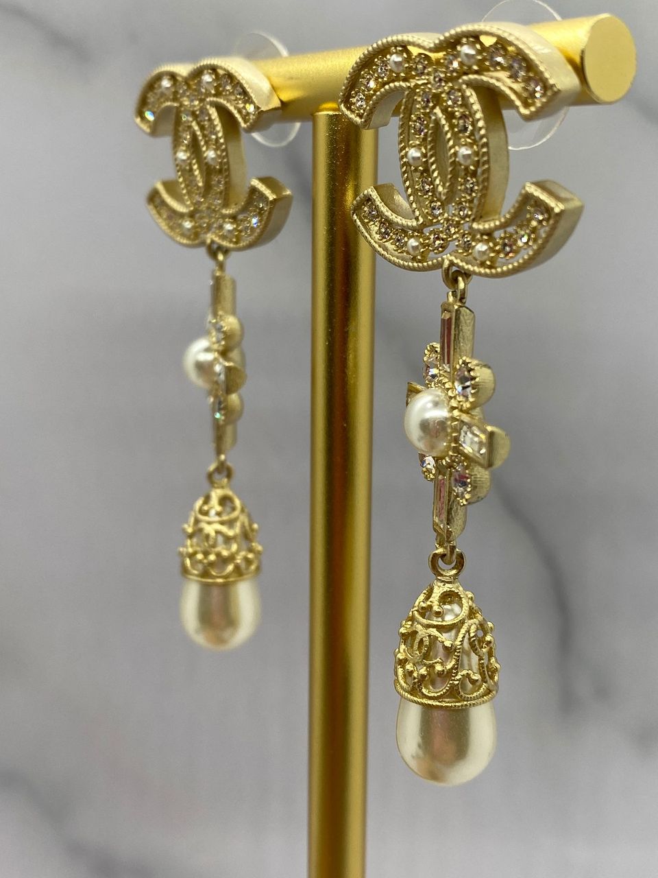 CHANEL CC Gold Tone Rhinestone Pendant Earrings - Pre owned