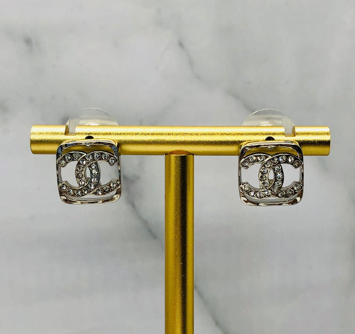 CHANEL CC Silver Tone Square Rhinestone Earrings - Pre owned