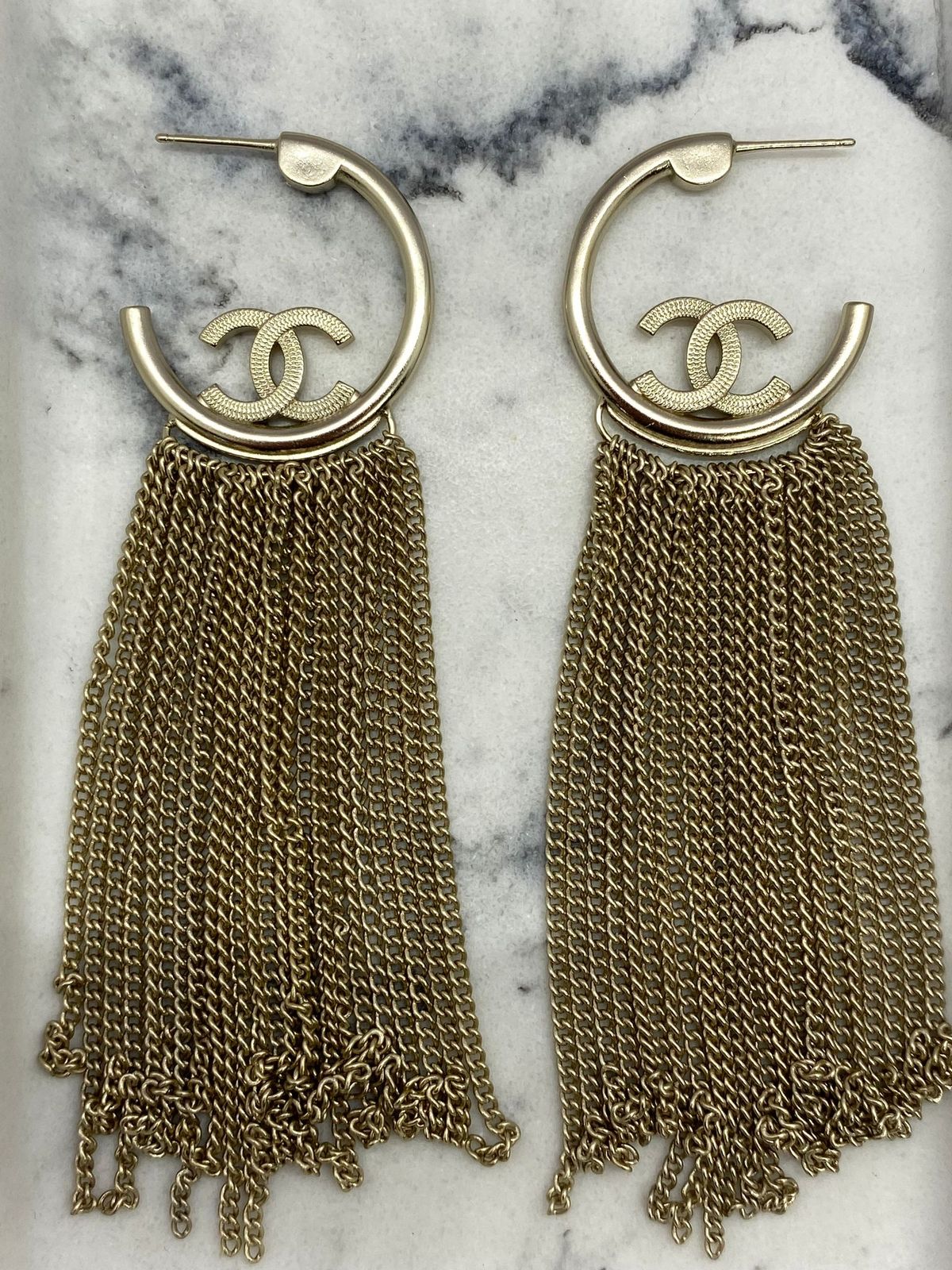 CHANEL CC Monogram Chain Fringe Hoop Earrings - Pre owned