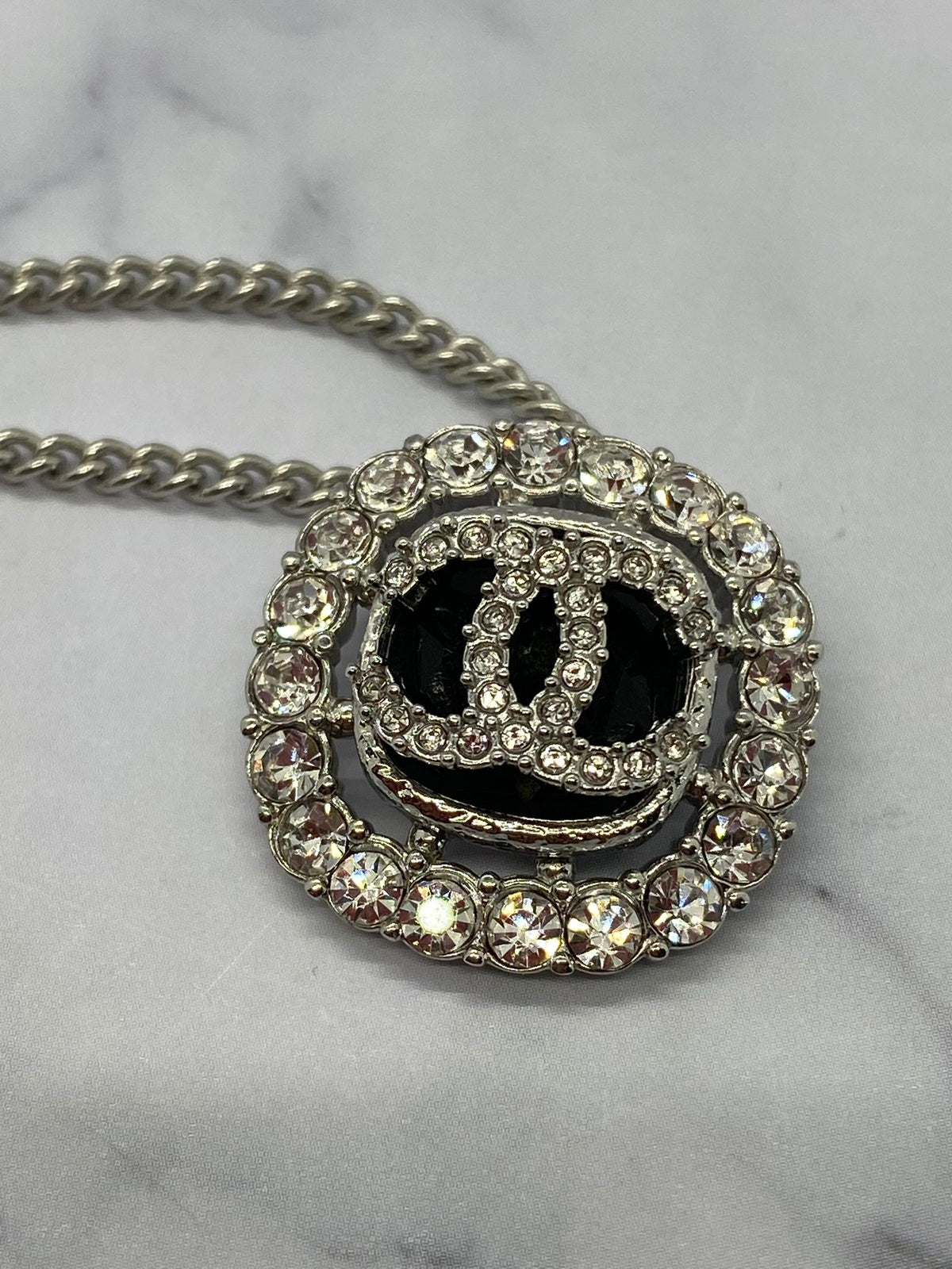 CHANEL CC Silver Tone Rhinestone Charm Necklace - USED