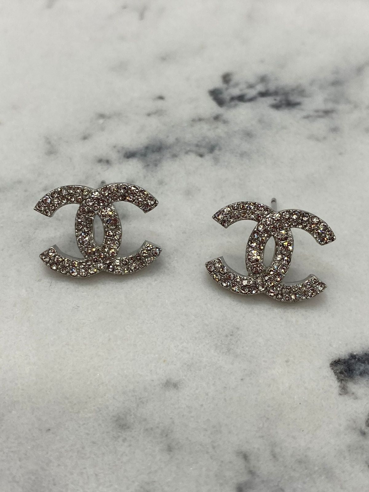 CHANEL CC Silver Tone Rhinestone Earrings - Pre owned