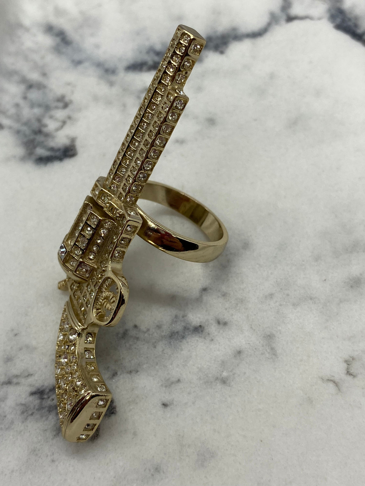 CHANEL CC Gold Rhinestone Gun Ring - Size 7 M