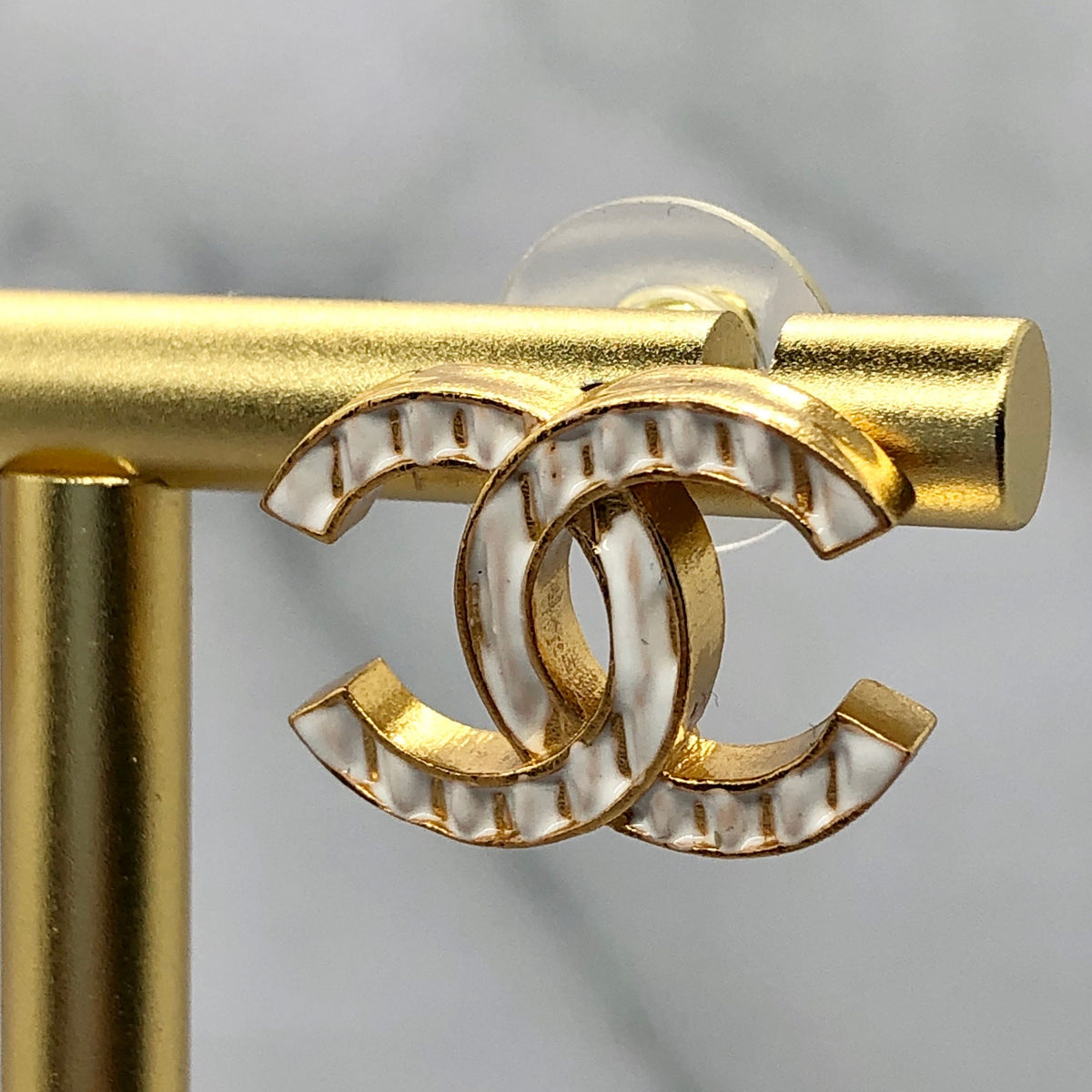 CHANEL CC Gold Tone White Striped Earrings - Pre owned