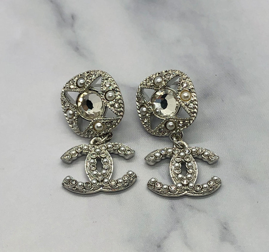 CHANEL CC Silver Tone Pendant Earrings - Pre owned