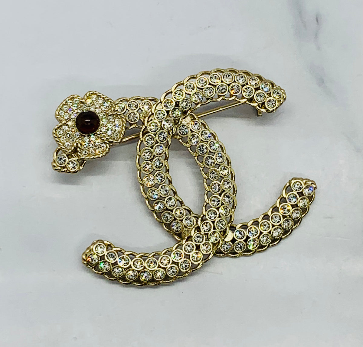 CHANEL CC Rhinestone Flower Brooch Pin - USED