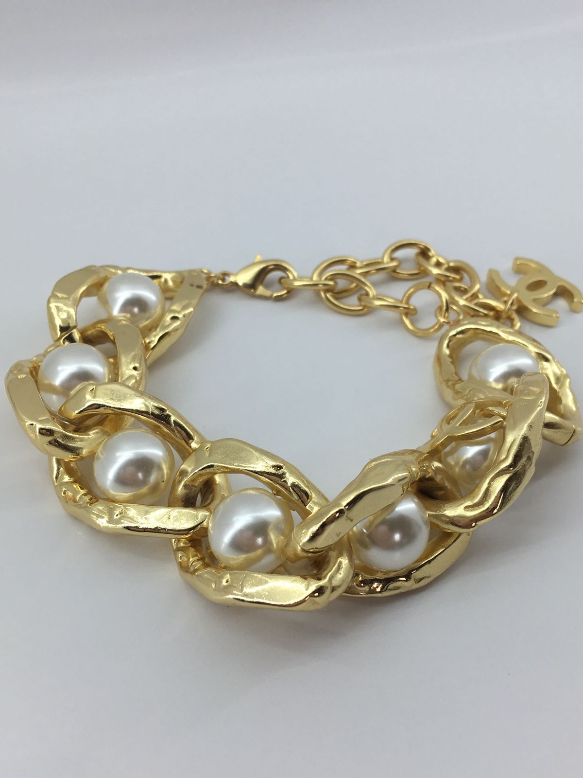 CHANEL CC Gold Tone Pearl Trim Bracelet - Pre owned