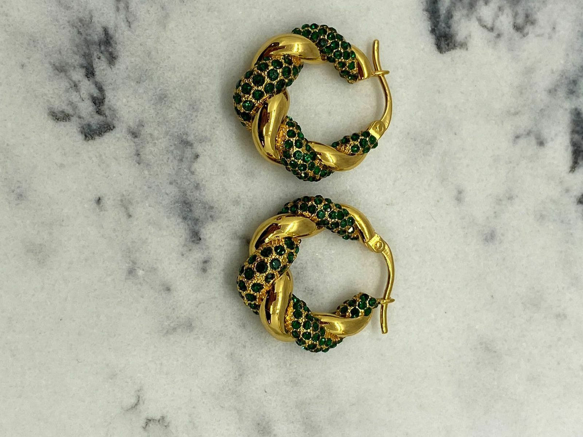 BOTTEGA VENETA Gold & Green Rhinestone Hoop Earrings - Pre owned