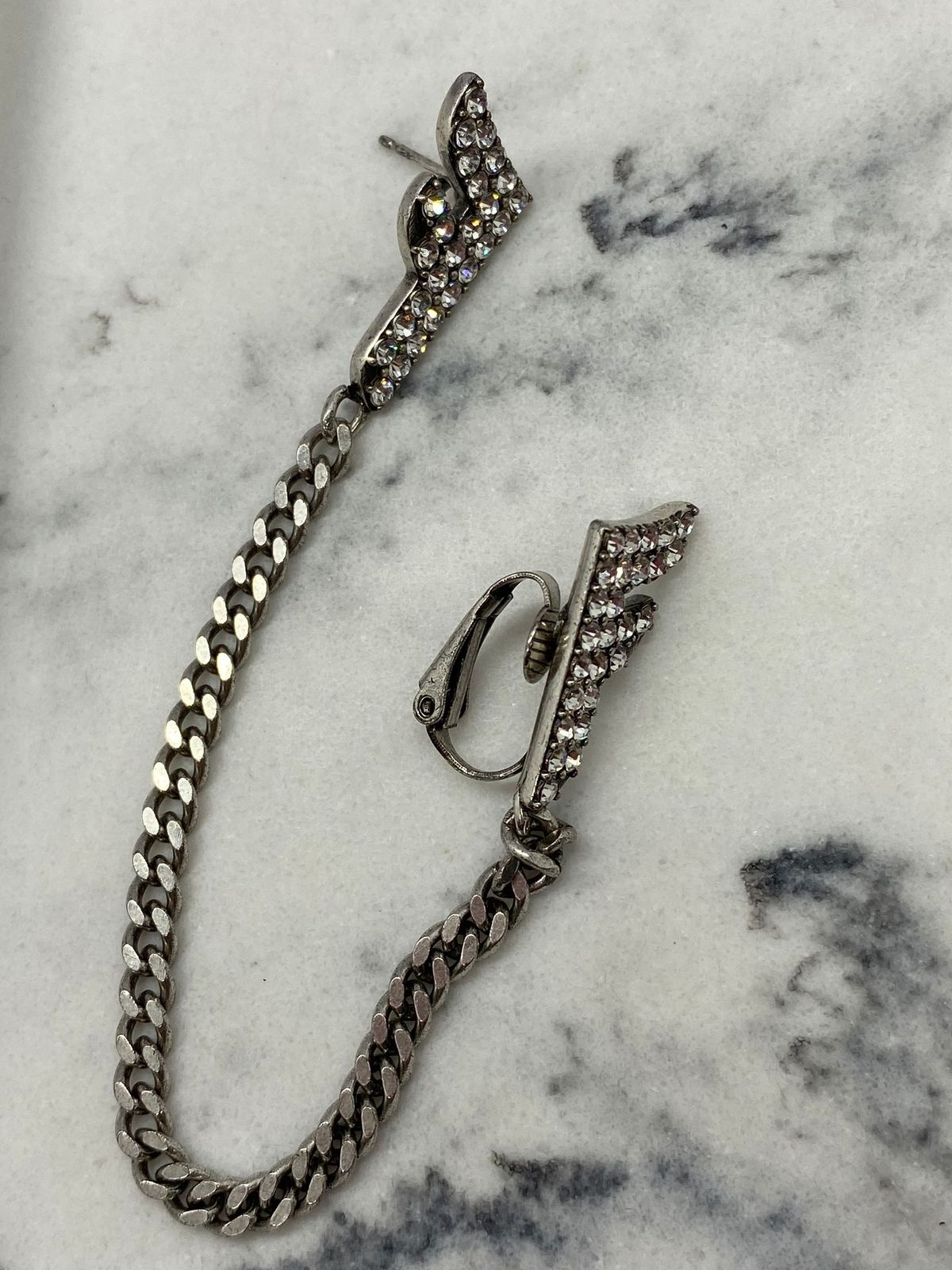 FENDI F Silver Tone Rhinestone SINGLE Cuff Chain Earring - Pre owned