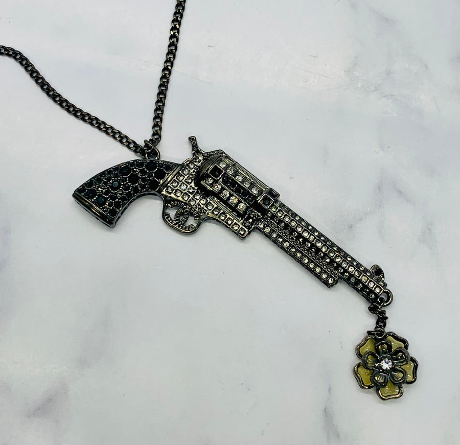 CHANEL CC Rare Black Rhinestone Gun Pendant Necklace - Pre owned
