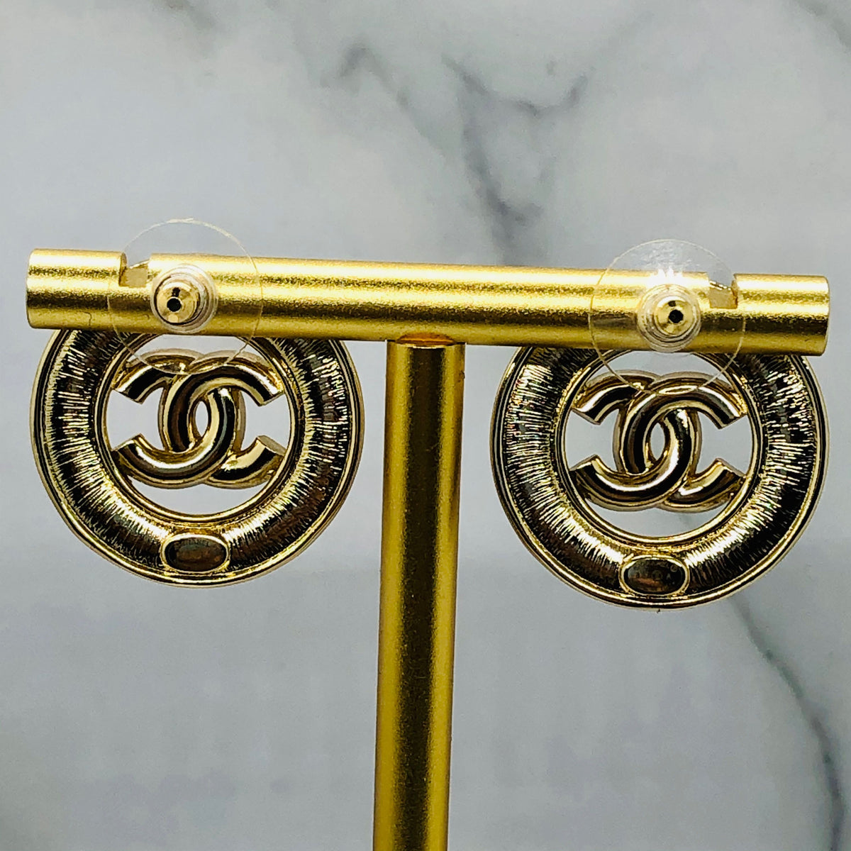 CHANEL CC Gold Tone Rhinestone Circle Earrings - Pre owned