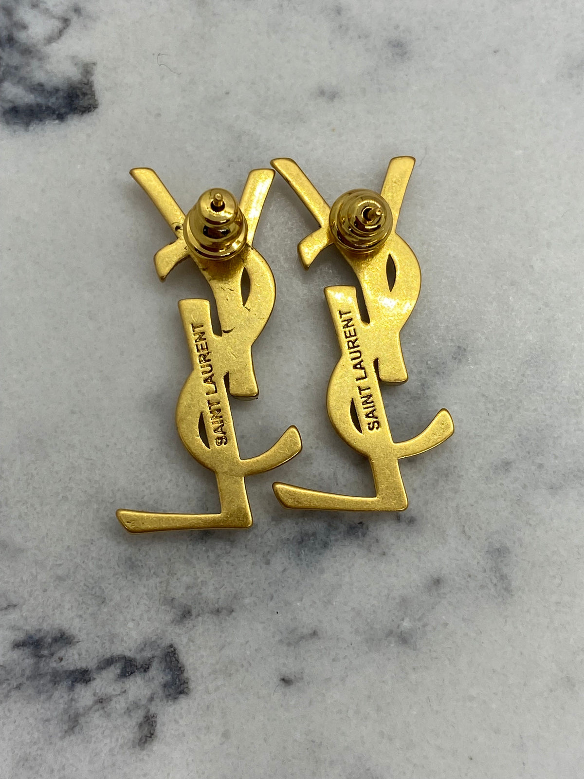 YSL Yves Saint Laurent Brass Tone Monogram Earrings - Pre owned
