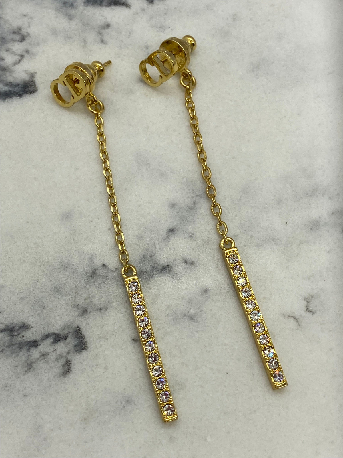 CHRISTIAN DIOR CD Gold Tone Pendant Rhinestone Earrings - USED