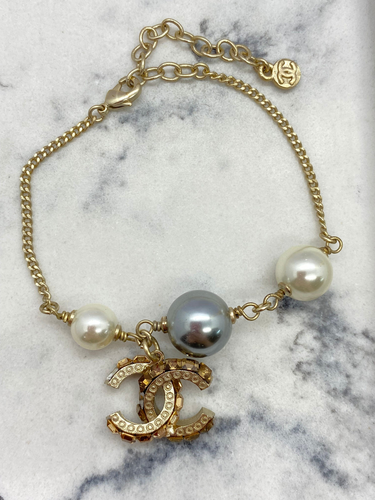 CHANEL Pearl Rhinestone Bracelet - USED