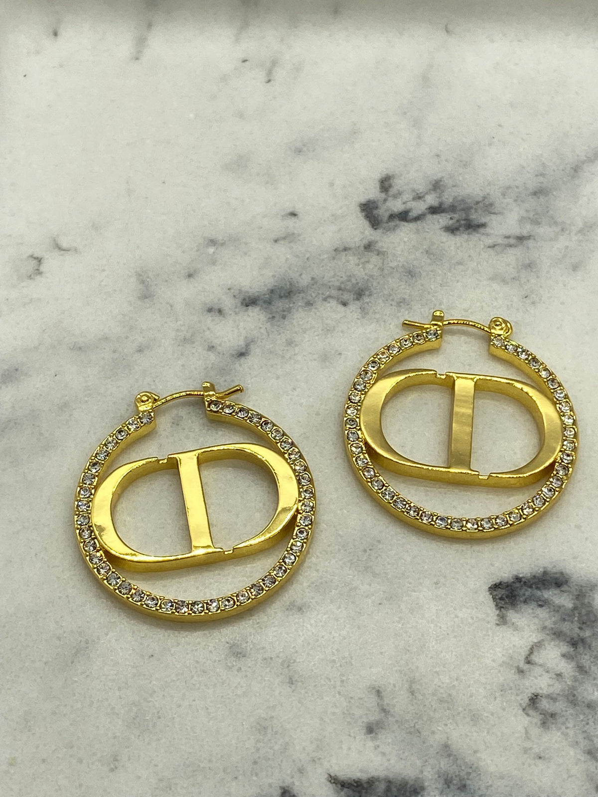 CHRISTIAN DIOR CD Gold Tone Rhinestone Hoop Earrings - Pre owned
