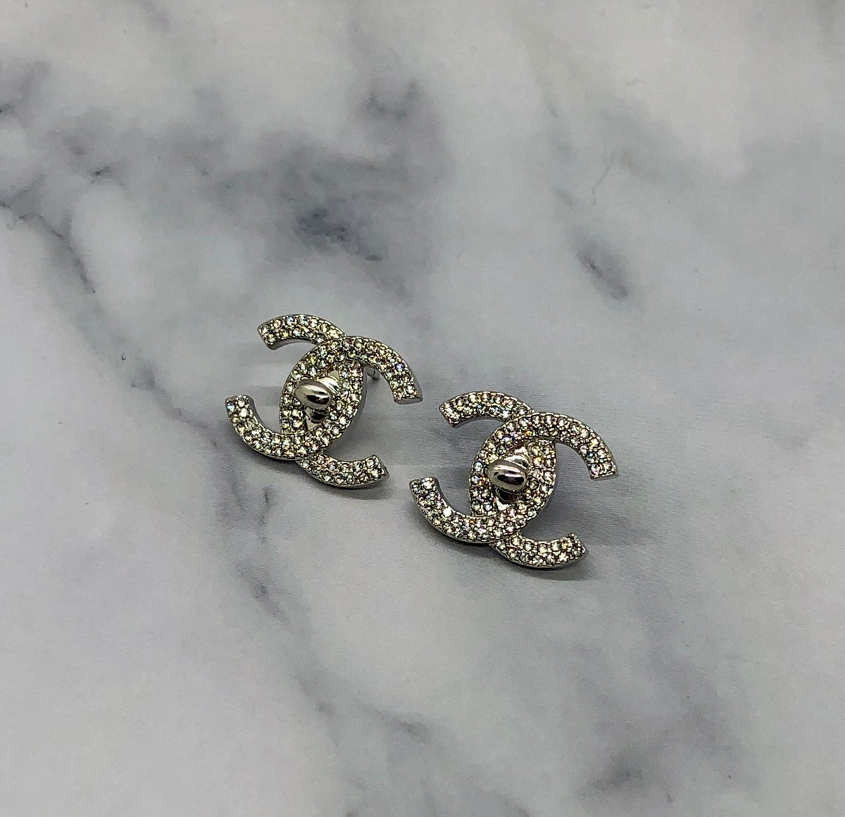 CHANEL CC Silver Tone Rhinestone Earrings - Pre owned
