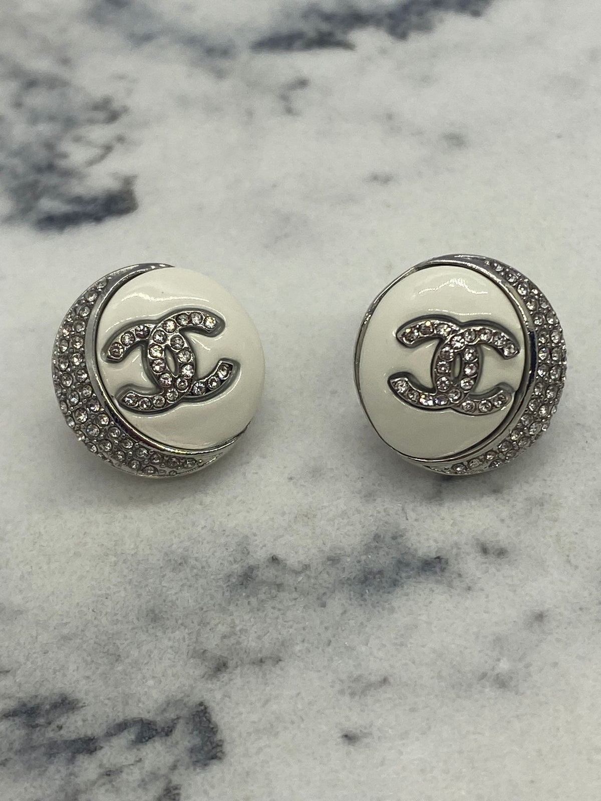 CHANEL CC Silver Tone White Rhinestone Earrings - USED