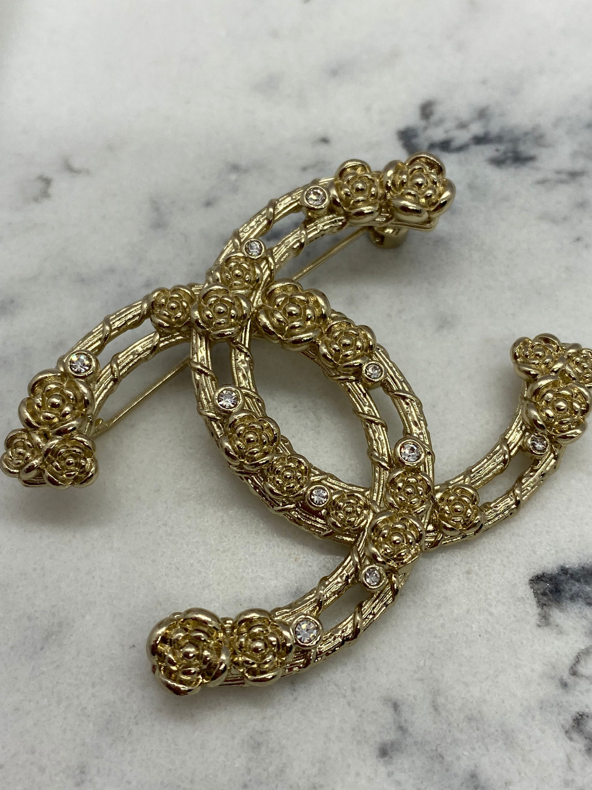 CHANEL CC Floral Gold Tone Brooch Pin - USED