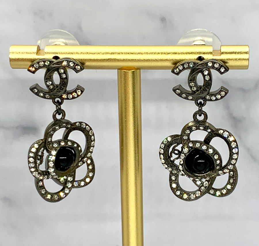 CHANEL CC Black Camelia Rhinestone Pendant Earrings - USED