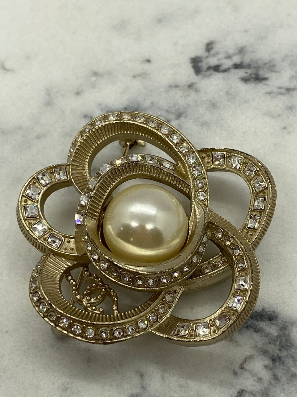 CHANEL CC Gold Tone Rhinestone Camelia Brooch Pin - USED