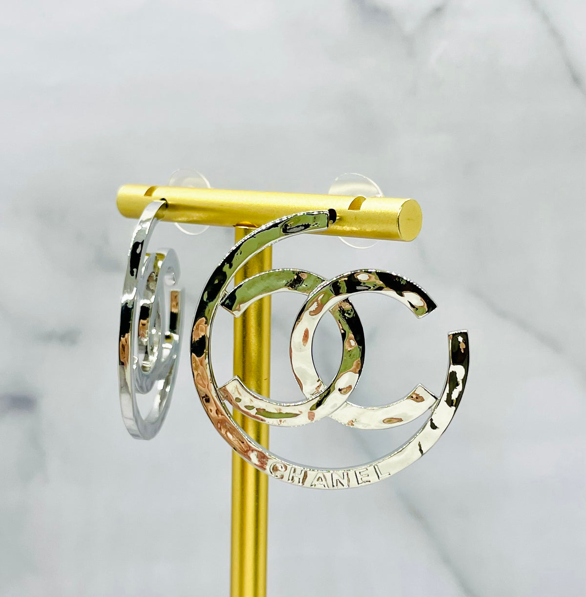 CHANEL CC Silver Tone Hoop Earrings - Pre owned