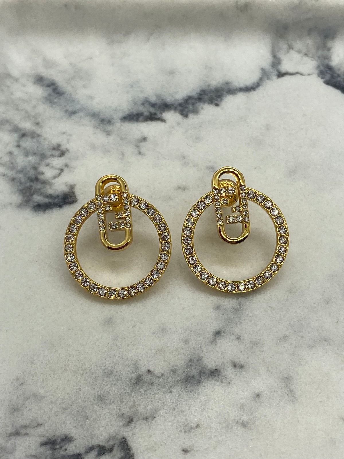 FENDI F Gold Tone Rhinestone Circle Earrings - Pre owned