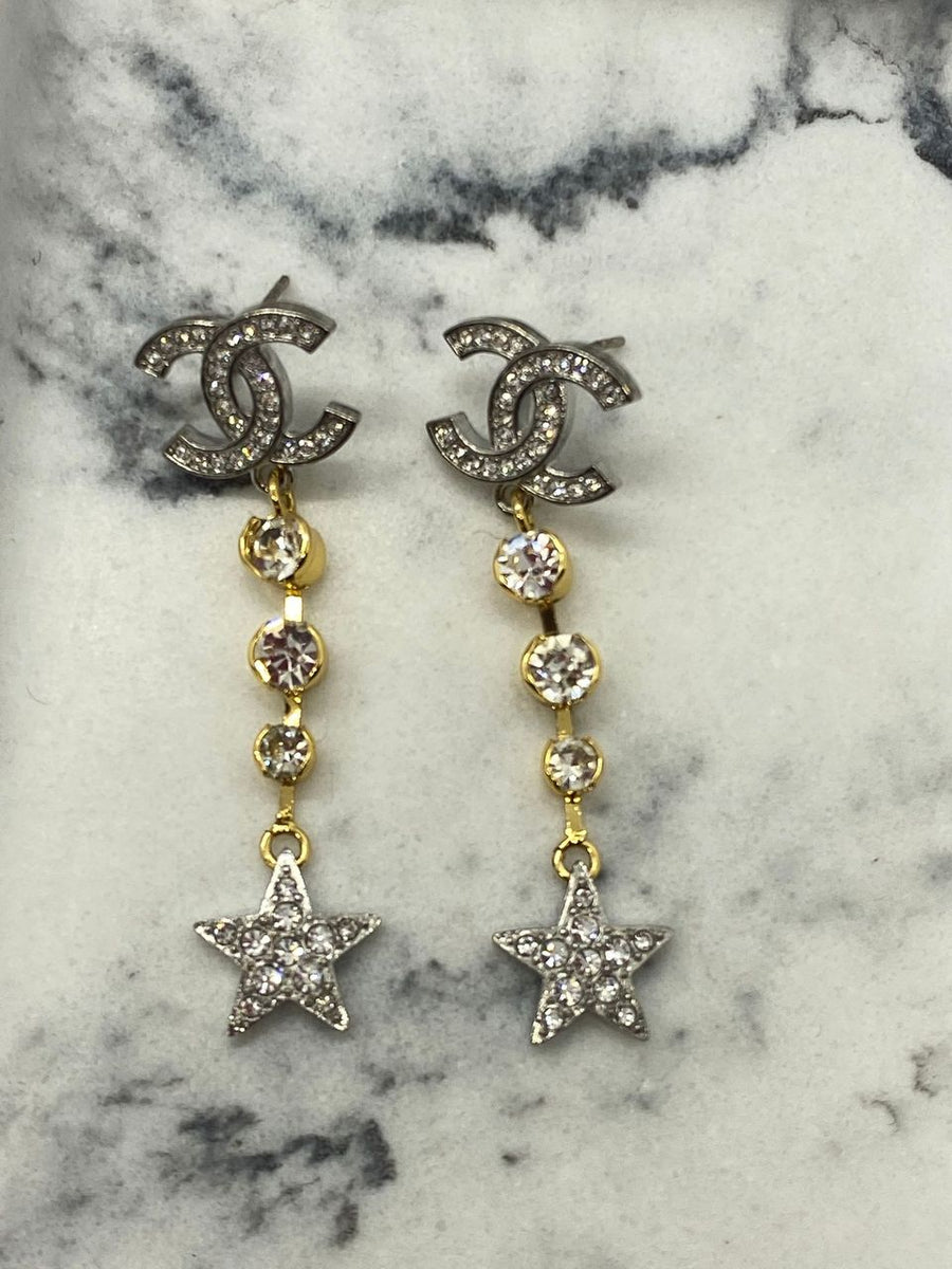 CHANEL CC Gold & Silver Star Pendant Earrings - Pre owned
