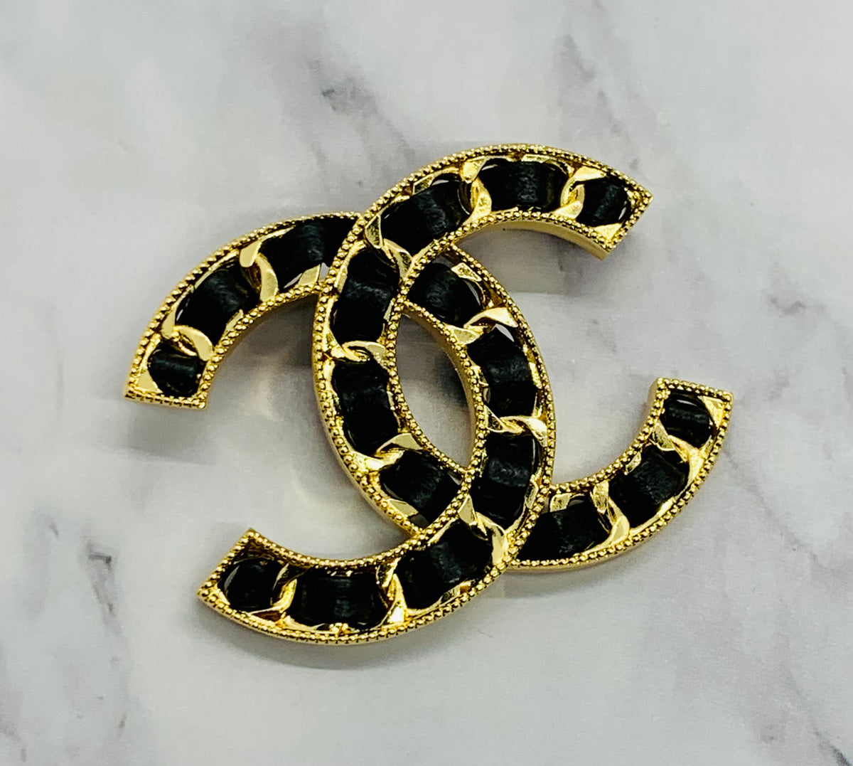 CHANEL CC Leather Trim Brooch Pin - USED