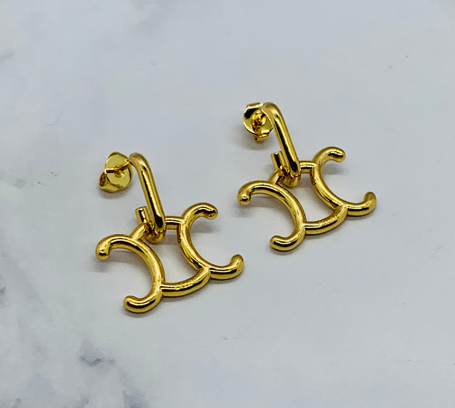 CELINE Monogram Gold Tone Earrings - Pre owned