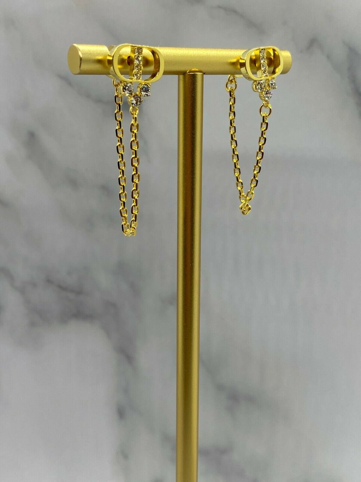 CHRISTIAN DIOR CD Gold Tone Rhinestone Chain Earrings - Pre owned