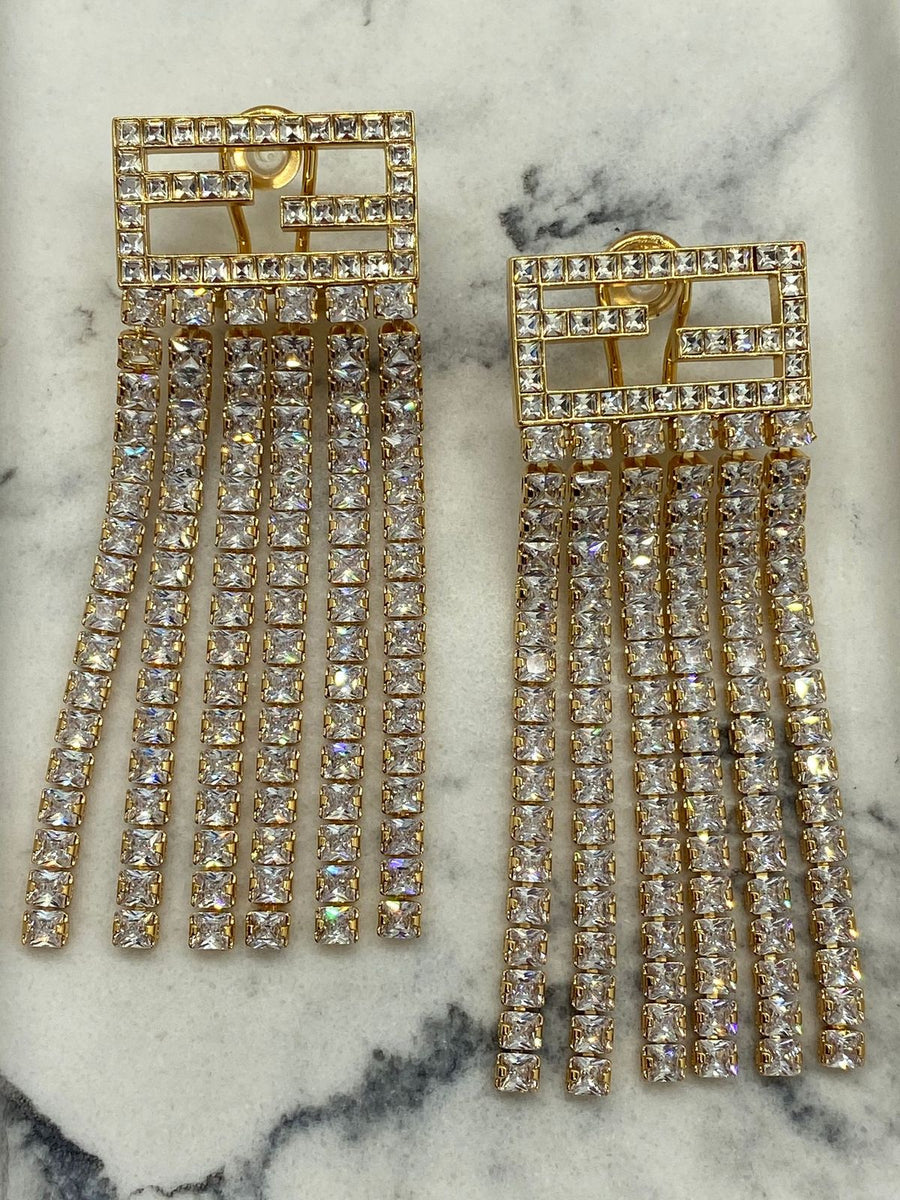 FENDI F Gold Tone Rhinestone Fringe Earrings - Pre owned