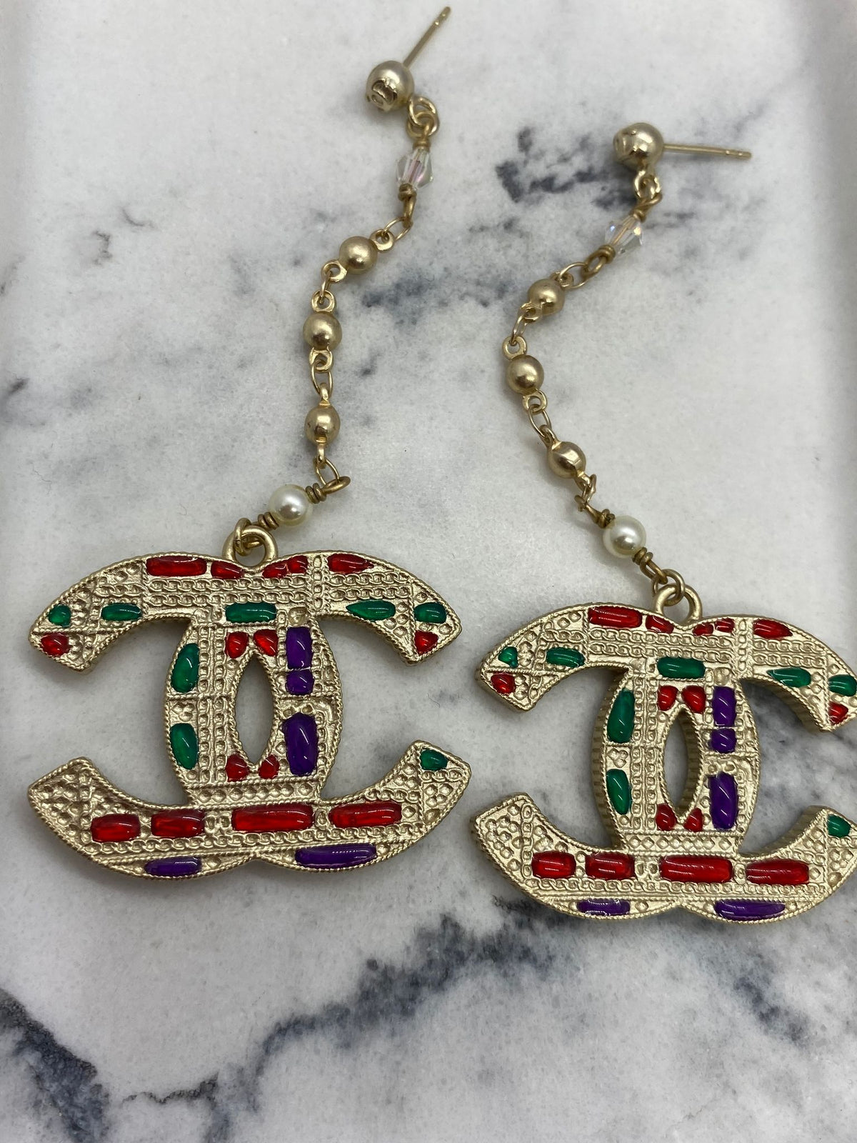 CHANEL CC Colorful Plaid Pendant Earrings - Pre owned