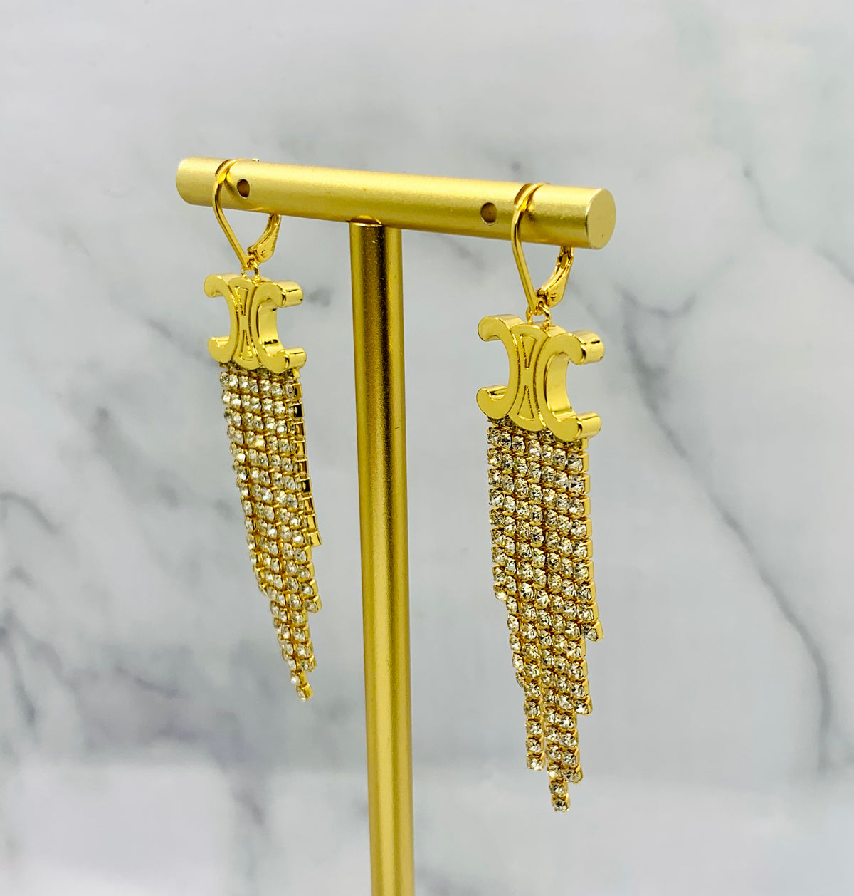 CELINE Monogram Rhinestone Fringe Earrings - Pre owned