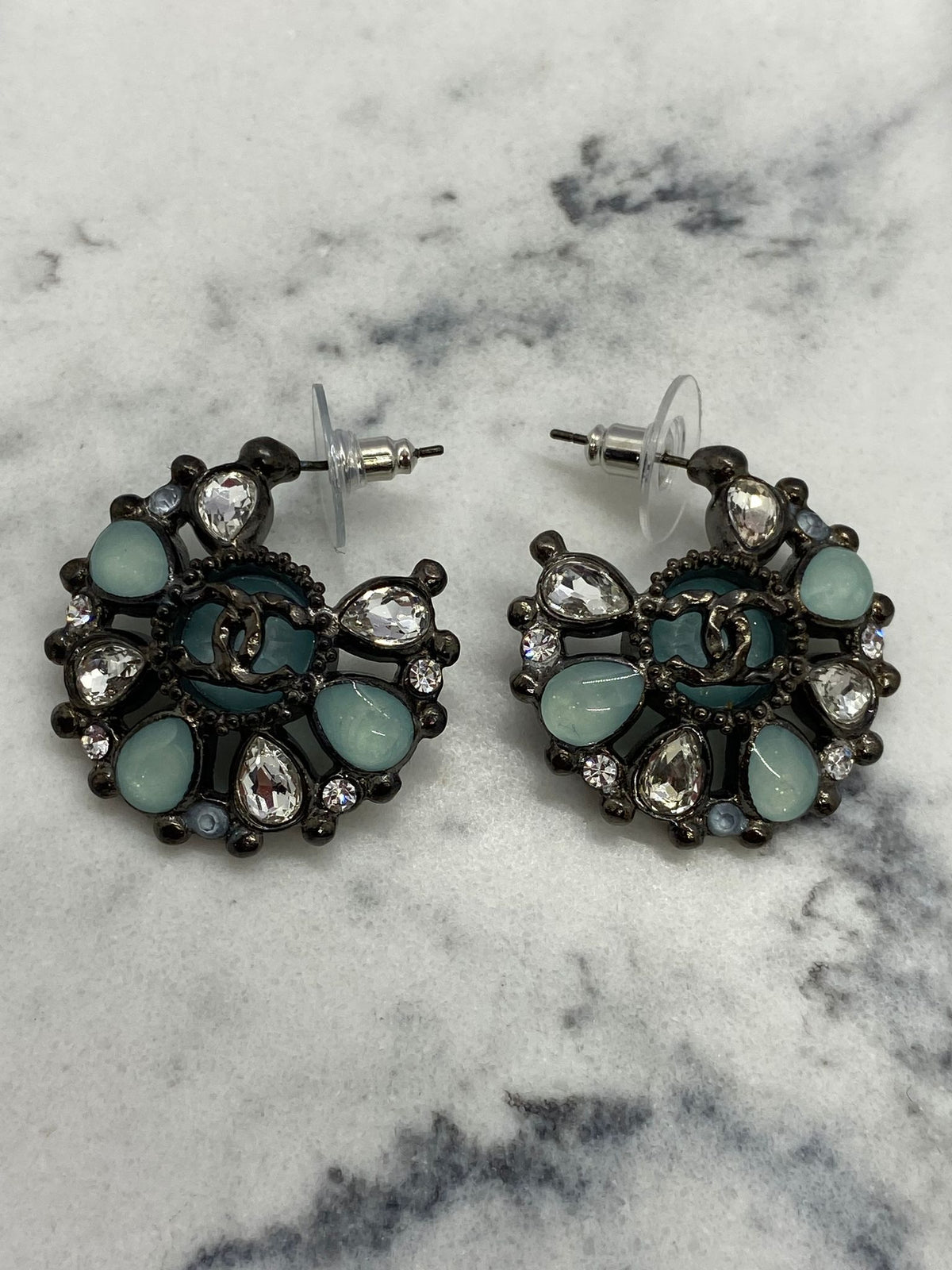 CHANEL CC Aqua Stone Hoop Earrings - USED