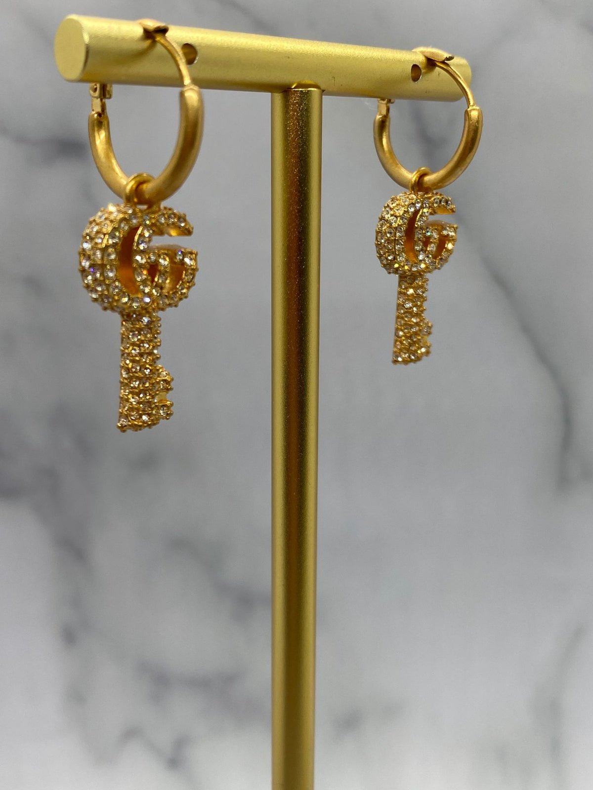 Gucci Gold Tone Rhinestone Key Earrings - Pre owned