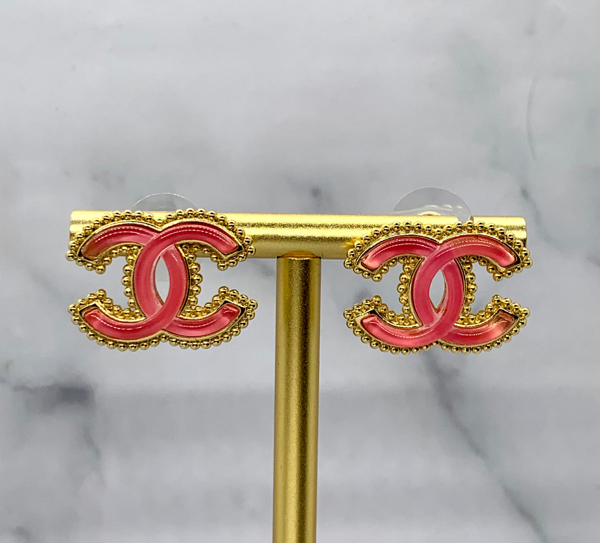 CHANEL CC Gold Tone Pink Stud Earrings - Pre owned