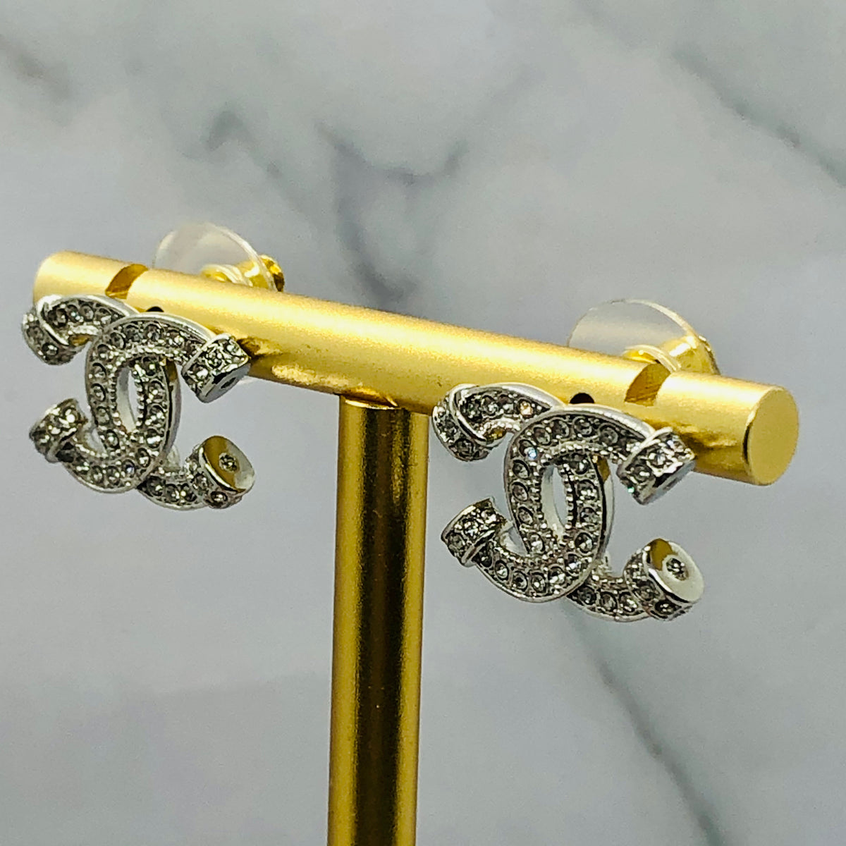 CHANEL CC Silver Tone Rhinestone Earrings - Pre owned