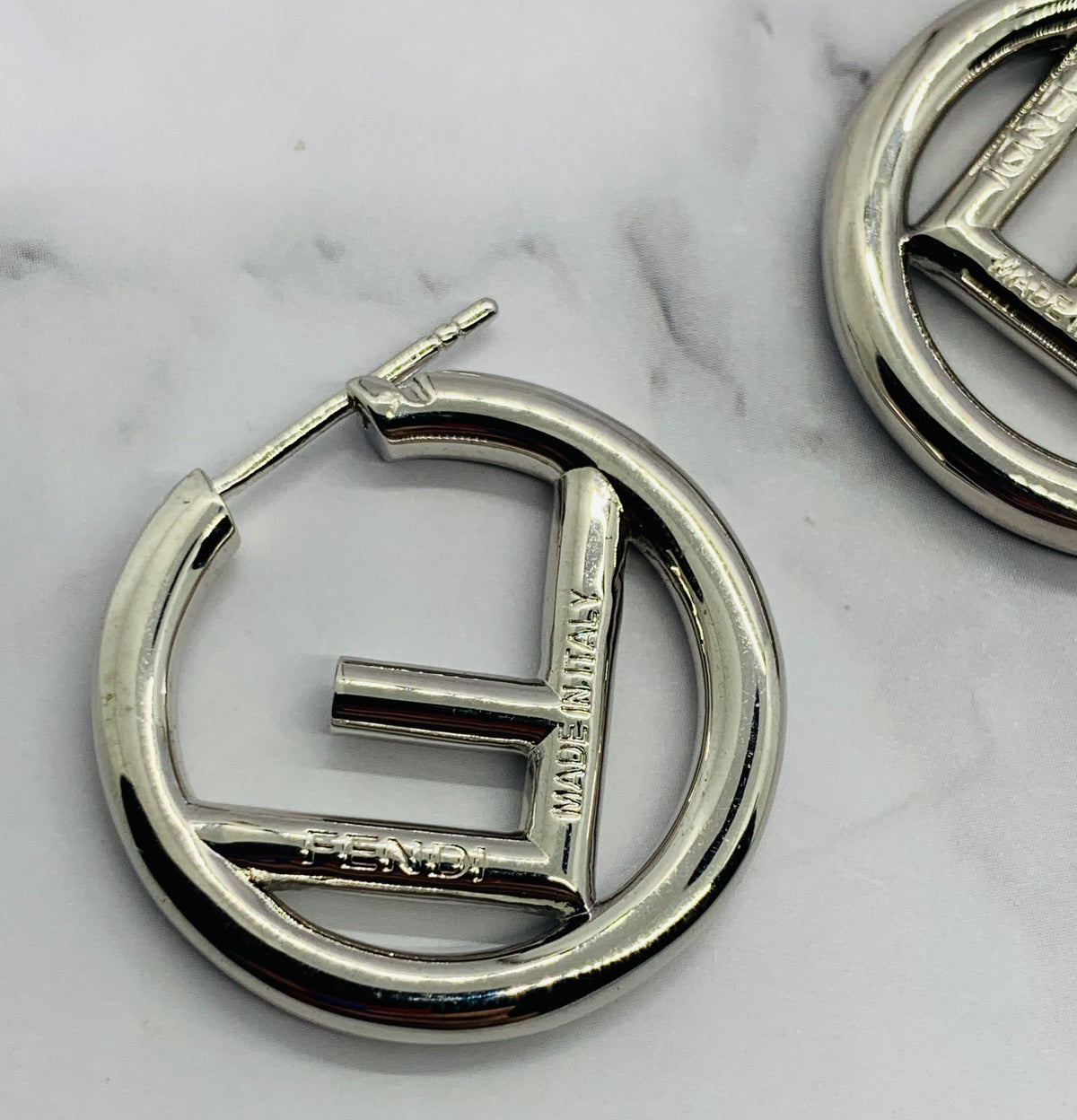 FENDI FF Silver Tone Hoop Earrings - Pre owned