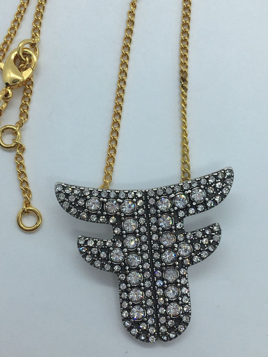 Auth FENDI F Rhinestone Duo Tone Logo Necklace - Pre owned