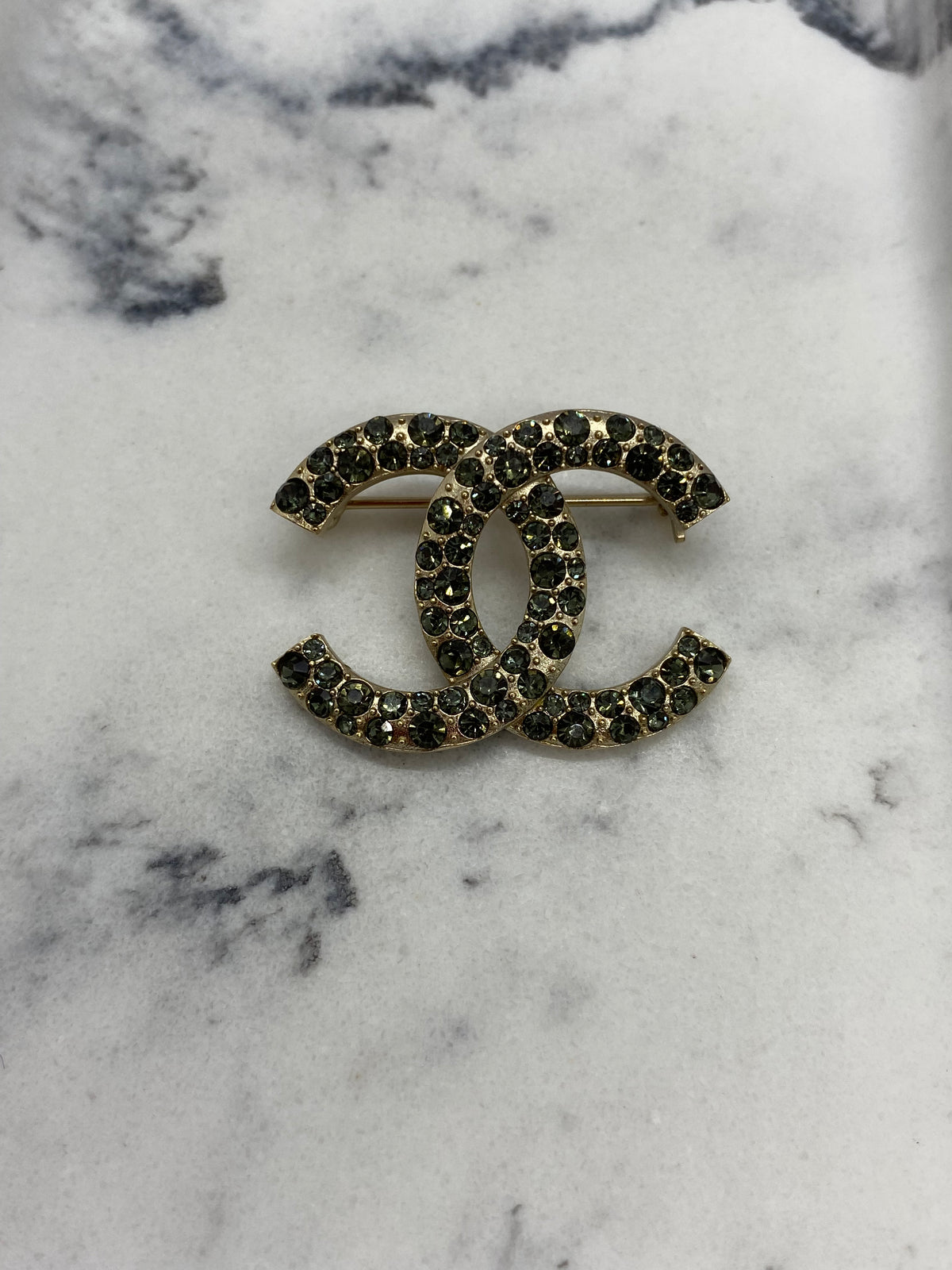 CHANEL CC Pewter Dark Rhinestone Brooch - USED