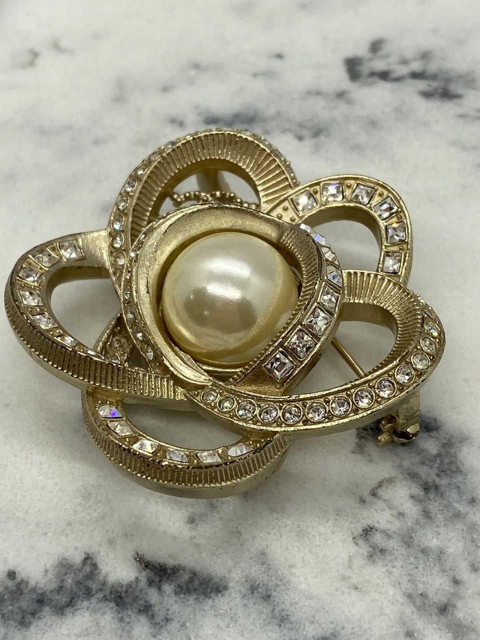 CHANEL CC Gold Tone Rhinestone Camelia Brooch Pin - USED