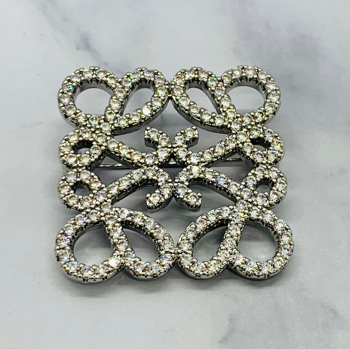 LOEWE Monogram Silver Tone Rhinestone Brooch Pin - Pre owned
