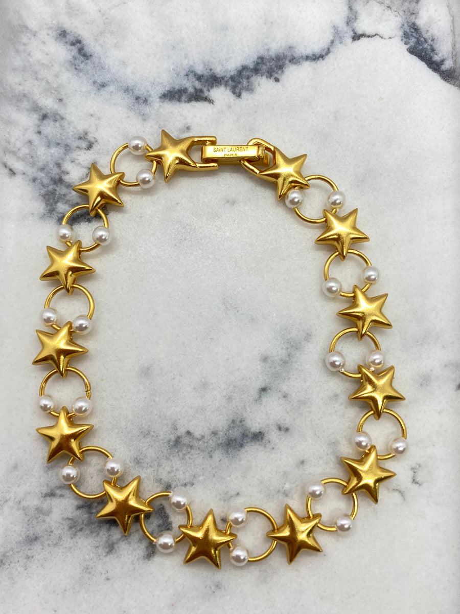 YSL Yves Saint Laurent Gold Tone Pearl Star Bracelet - Pre owned
