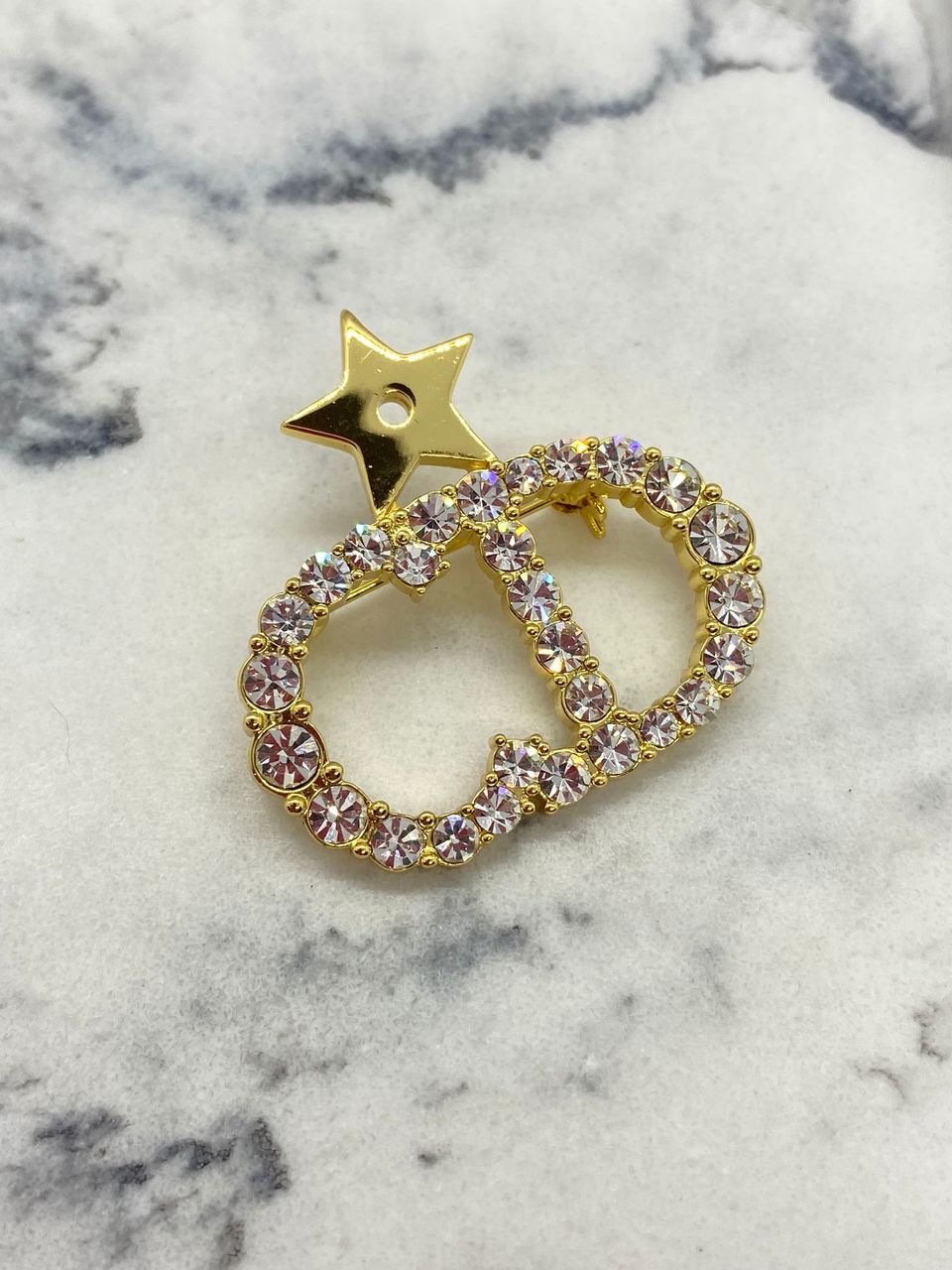 CHRISTIAN DIOR CD Gold Tone Rhinestone Brooch Pin - Pre owned