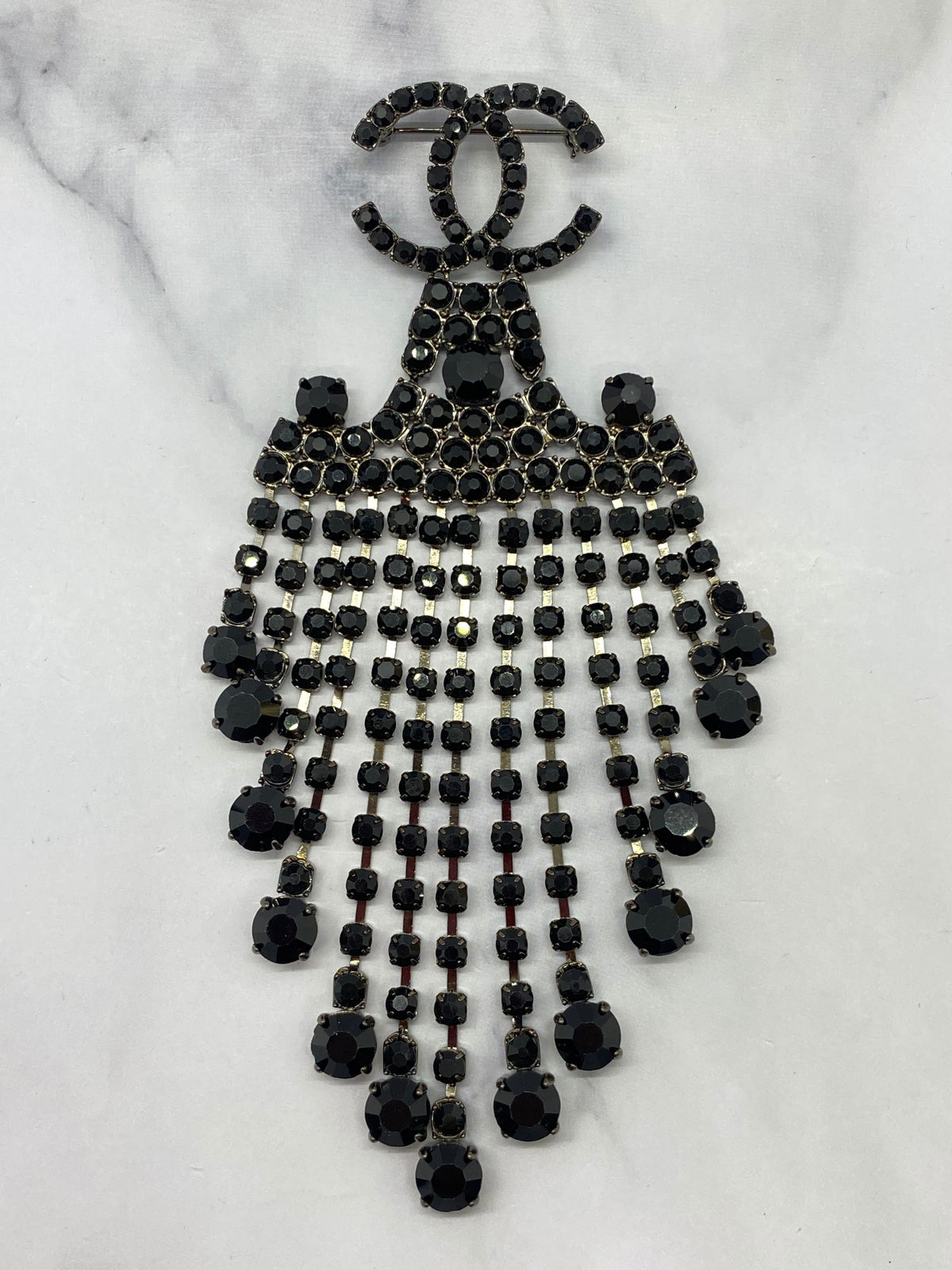 CHANEL CC Large Black Rhinestone Brooch Pin - USED