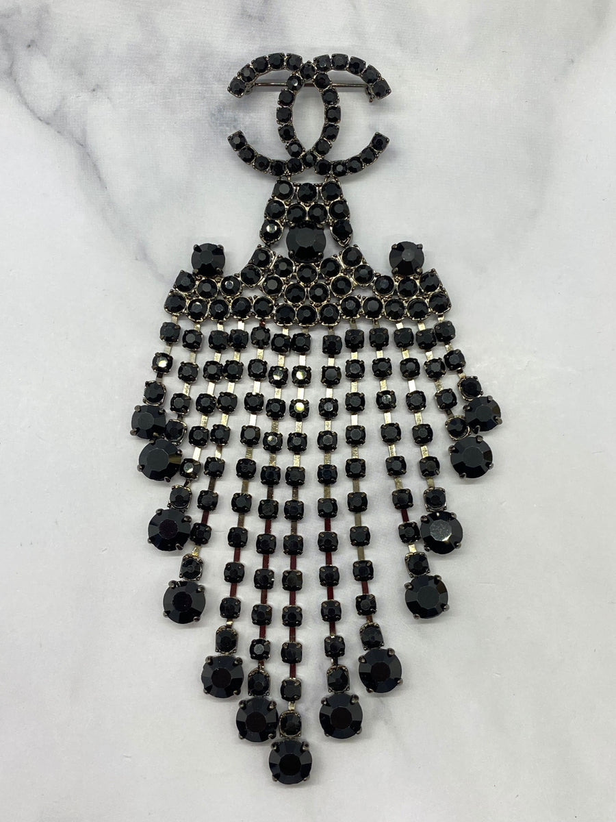 CHANEL CC Large Black Rhinestone Brooch Pin - USED