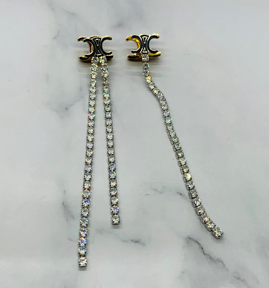 CELINE Monogram Rhinestone Pendant Earrings - Pre owned