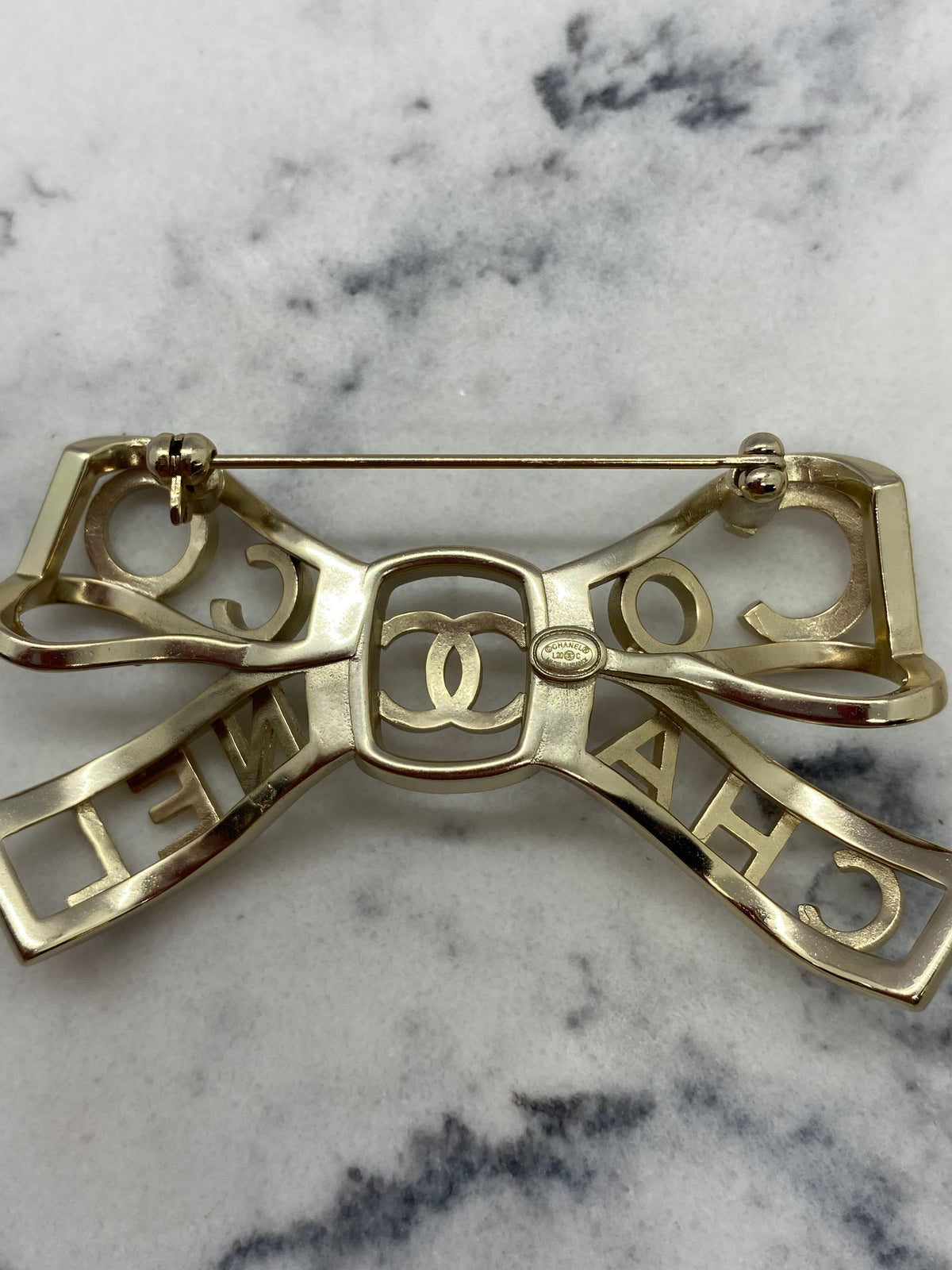 CHANEL CC Rhinestone Trim Bow Brooch Pin - USED