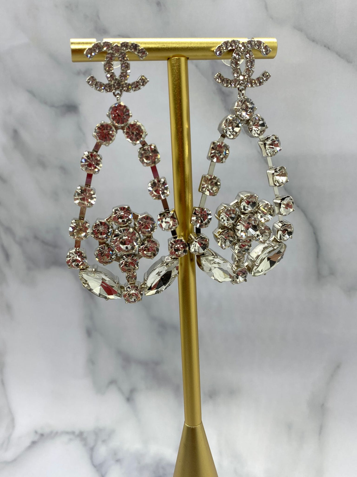 CHANEL CC Silver Tone Rhinestone Chandelier Earrings - Pre owned