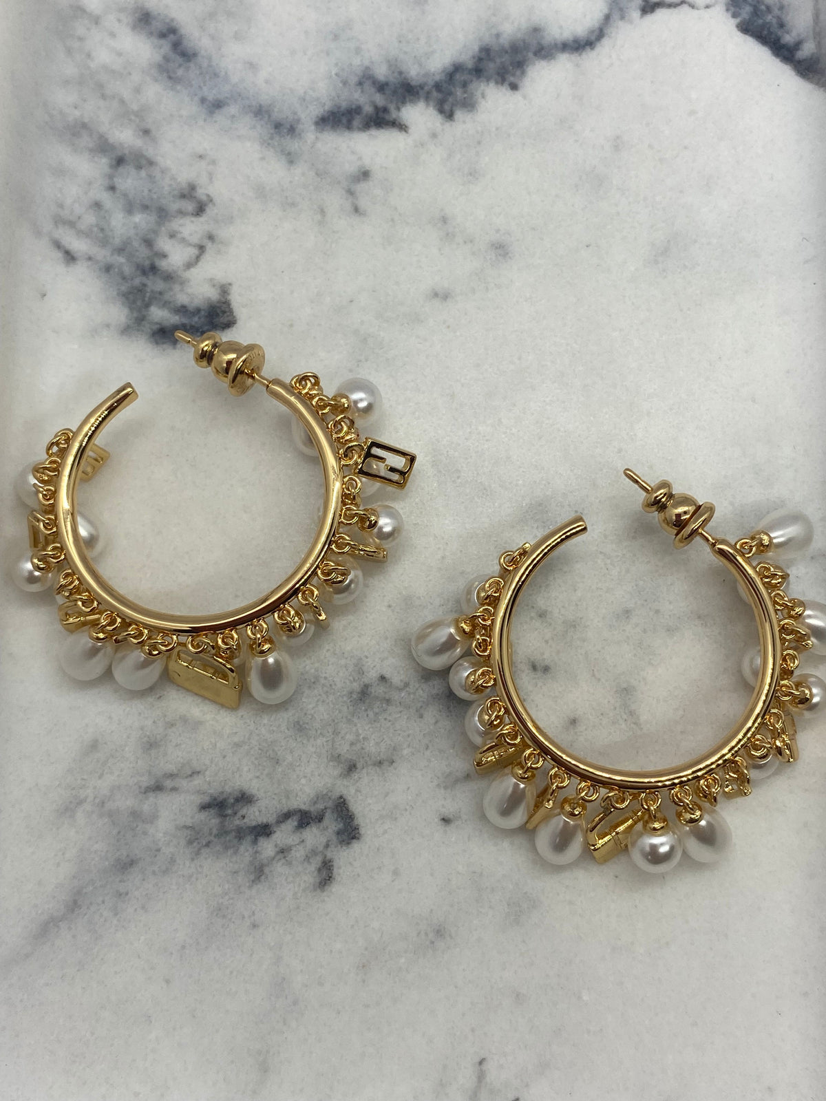 FENDI Gold & Pearl Baguette Charm Hoop Earrings - Pre owned